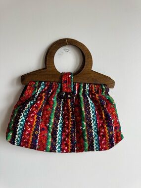 Vintage Boho Multicolor Striped Handbag with Wooden Handle